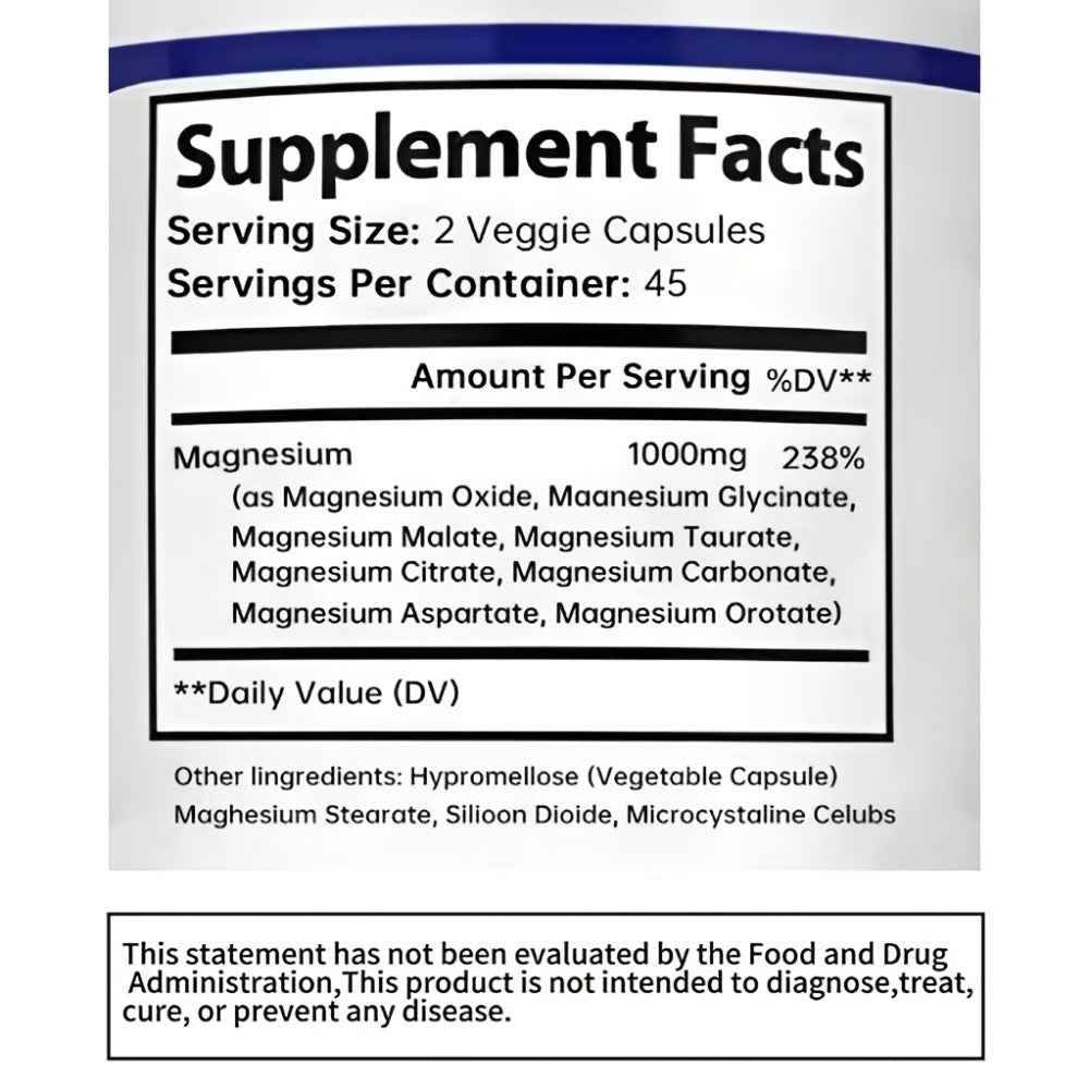 Magnesium Complex Supplement 8-in-1 with Glycinate Citrate Malate Orotate Taurate Aspartate Oxide Carbonate — 1000mg Per Capsule, 2 Bottles, Sleep Mood Muscle Energy Support for Women & Men