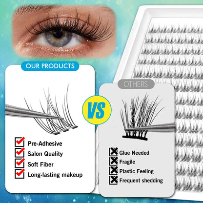 Pre-Glued Wispy Press-On Lash Clusters Kit with 2 Tweezers — Self-Adhesive No Glue Needed, Natural & Thick Fluffy Volume, Reusable Beginner-Friendly Individual Cluster Eyelashes for Daily Wear