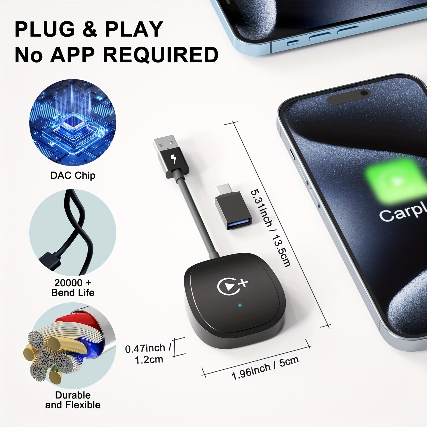 Wireless CarPlay Adapter/ Android Auto Dongle Supports Stream Media Play, Videos/music/navigation/phone Call By Wireless.Plug & Play Dongle Suitable for iPhone IOS 10+ / Android Phone