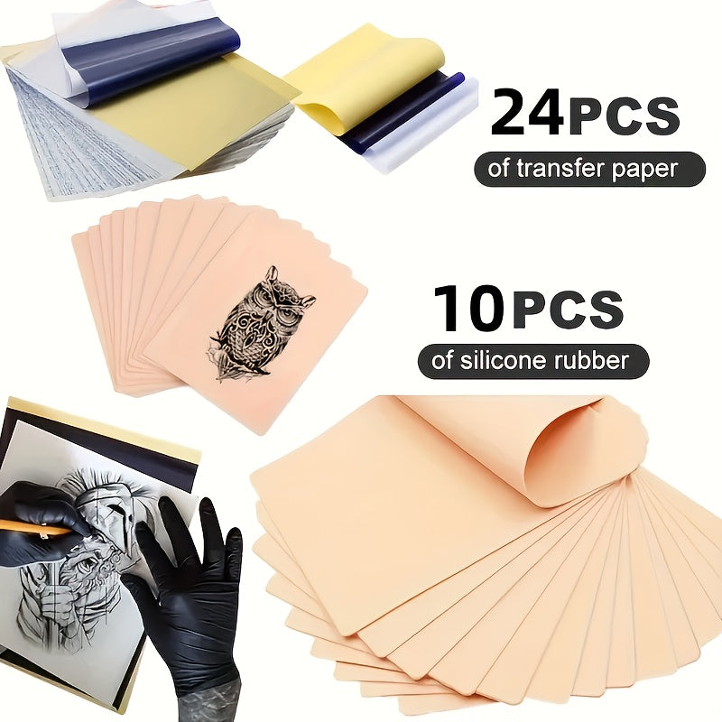 Tattoo Practice Skin Kit – Double-Sided Silicone Training Skin with Transfer Papers for Microneedling, Eyebrow & Lip Tattoo – Soft & Durable Beginner Set (34pcs or 71pcs)