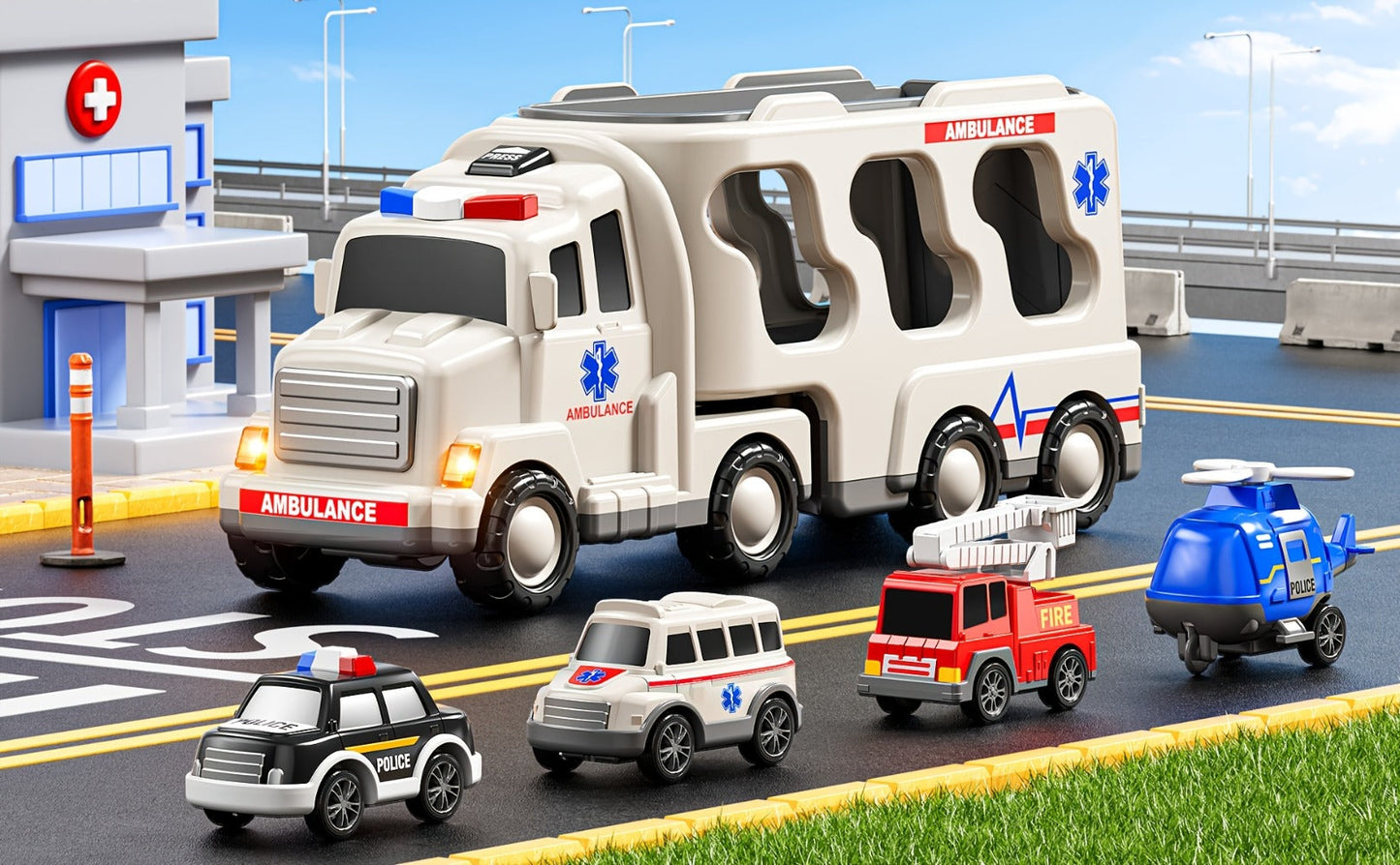Ambulance Truck Toy Set for Boys – 5-in-1 Friction Power Carrier Truck with Lights & Sounds, Push & Go Emergency Vehicle Toys for Toddlers Kids Ages 3+, Birthday Christmas Gift for Boys