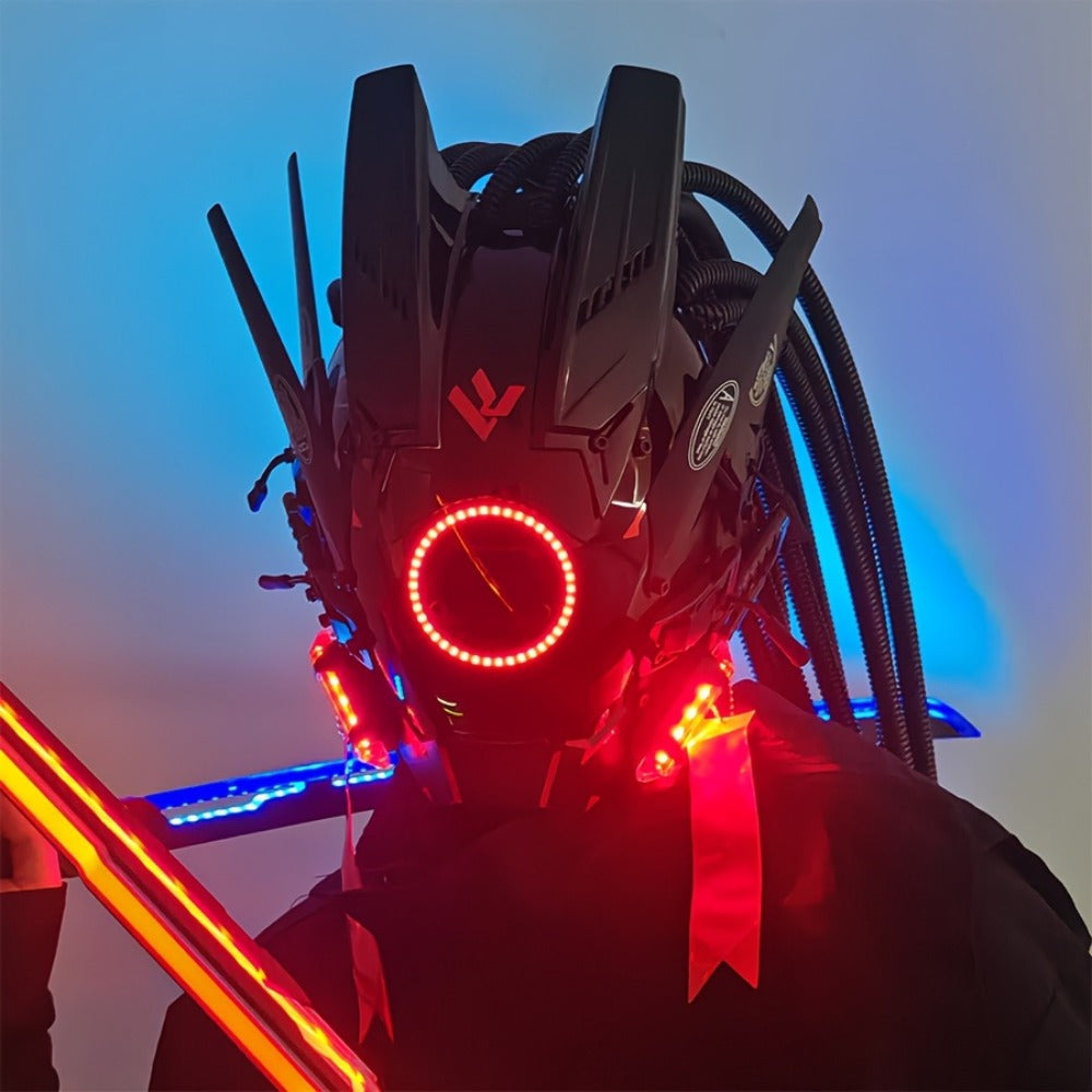LED Cyberpunk Samurai Mask with Braids – Futuristic Sci-Fi Mechanical Face Mask for Halloween, Cosplay, Music Festival & Rave Party, Blue Green Pink, Free Helmet Included, Adult Gift