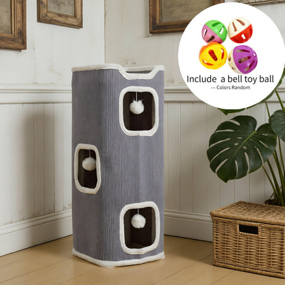 Cat Tree Tower Multi-Level Foldable - Indoor Cat House with Scratch Resistant Post, Soft Top Cat Bed, Cat Hideaway & Bell Ball Toy, 1 2 3 Layer Cat Climbing Tower for Kittens & Adult Cats, Gray