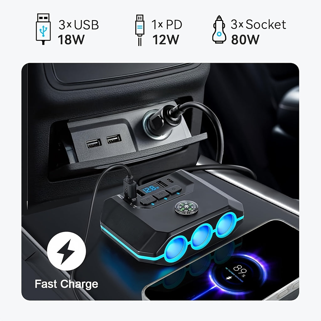 7-in-1 120W Car Charger Adapter, 3-Socket Auto Power Outlet Splitter with Built-In Compass, Type-C PD & 3 USB Fast Charging Ports, Real-Time LED Voltmeter, Independent Switches for 12V-24V Vehicles By AXVIV