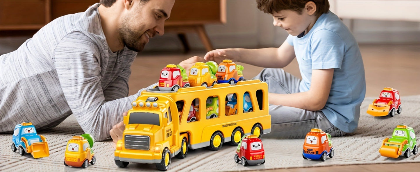 Transport Construction Truck Toy for Boys – 16.9 Inch Large Carrier Truck with 6 Cars, Lights & Sounds, Push & Go Vehicle Playset for Kids Toddlers, Birthday Christmas Gift for Boys Girls