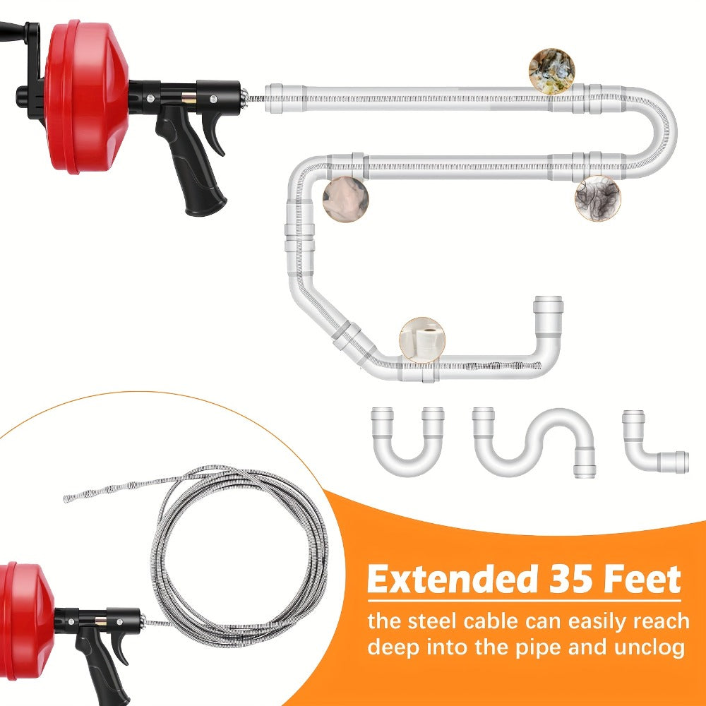 Drain Snake Auger 25ft with Drill Adapter - Heavy Duty Manual & Drill-Powered Plumbing Snake, 1/4" Spiral Head for 1-1/4" to 3" Pipes, Clog Remover for Shower Sink Toilet Bathtub, Gloves Included