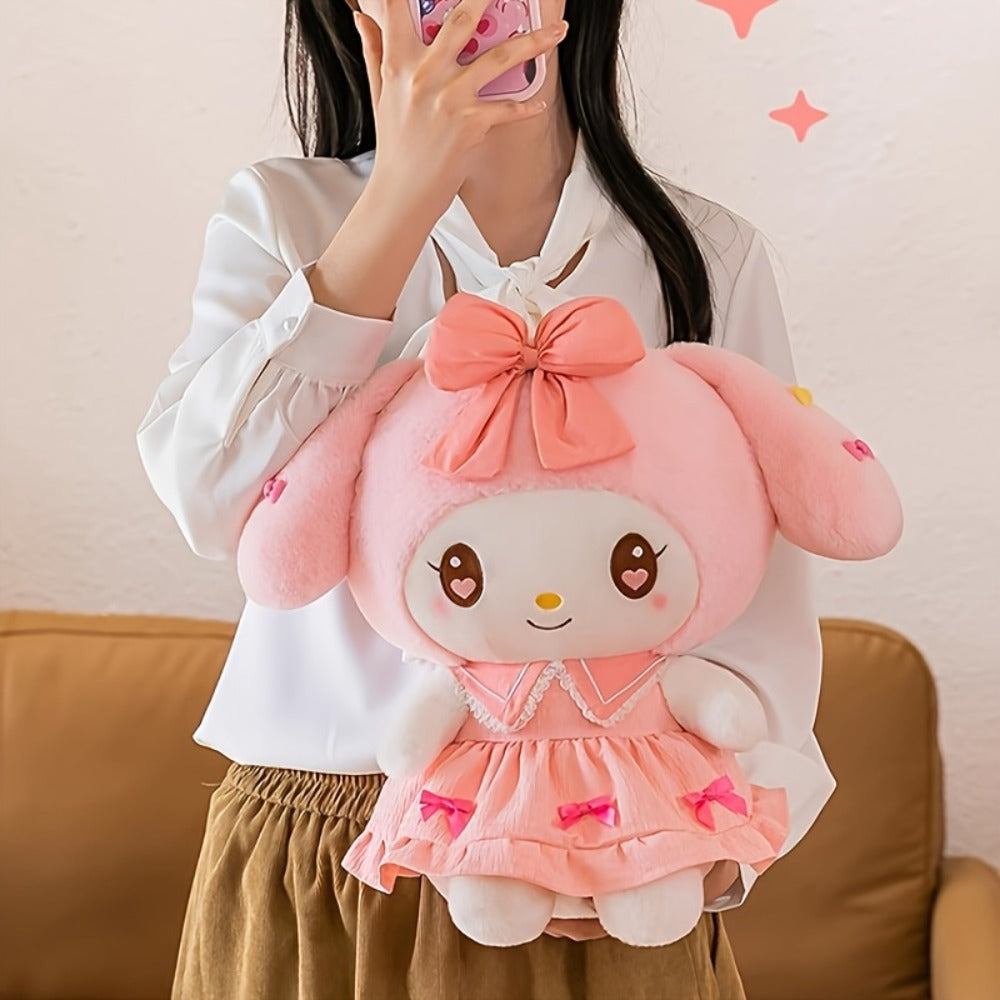Kuromi My Melody Plush Doll Princess Dress – Soft Collectible Sanrio Stuffed Animal with Pink Bow & Ruffled Collar, Kawaii Room Decor Birthday Christmas Gift for Girls