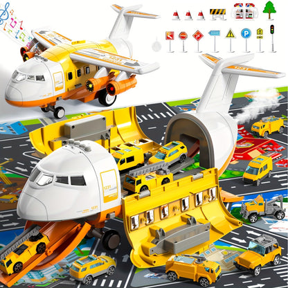 Jumbo Transport Airplane Toy for Kids with 10 Cars & Spray Mist, Cargo Plane Playset Toddler Boy Girl Birthday Gift Ages 3+