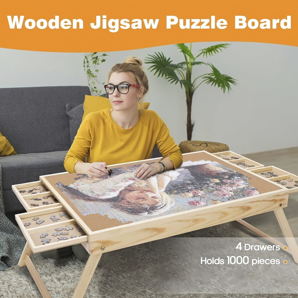 Jigsaw Puzzle Table with Folding Legs – 4 Drawers 16 Sorting Grids Portable Wooden Puzzle Board for 1000 Pieces, Storage Organizer Gift for Adults Seniors Family Game Night Home Office