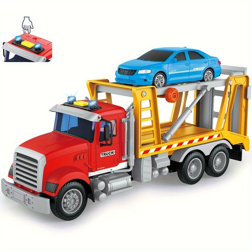 13-Inch Tow Truck Toy with Lights & Sounds – Friction Powered Transport Crane Truck for Boys Ages 3 4 5 6, Movable Arm & Towing Ramp, Birthday Christmas Gift