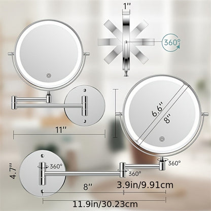 Wall Mounted Lighted Makeup Mirror 10X Magnification - 8 Inch LED Vanity Mirror 1X/10X Double Sided, 3-Color Touch Dimmer, 360° Swivel, USB Rechargeable Bathroom Mirror, Black Silver Gold