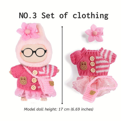 Labubu Doll Clothes 3 Sets Knit Tops Bubble Tulle Skirts Floral Hair Clips Bags for 17cm Plush Dolls Fashion Outfit Gift for Girls Kids Ages 3+ Birthday Christmas