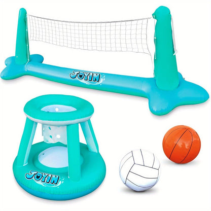 Inflatable Pool Volleyball Set with Basketball Hoop – 2-in-1 Floating Net Court Game for Kids & Adults, Summer Pool Party Toy, Outdoor Swim Sport, Backyard Water Fun