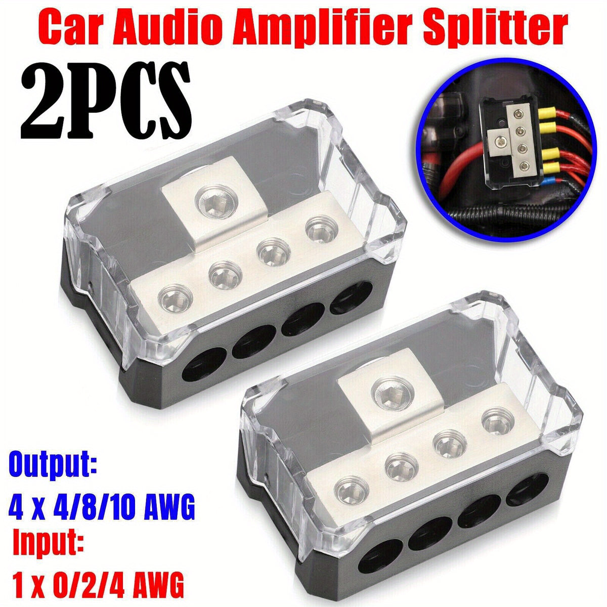 4 Way Power Distribution Block, Power Distribution Ground Distributor Connecting Block for Car Amplifier Audio Splitter 2 Pack, Without Battery