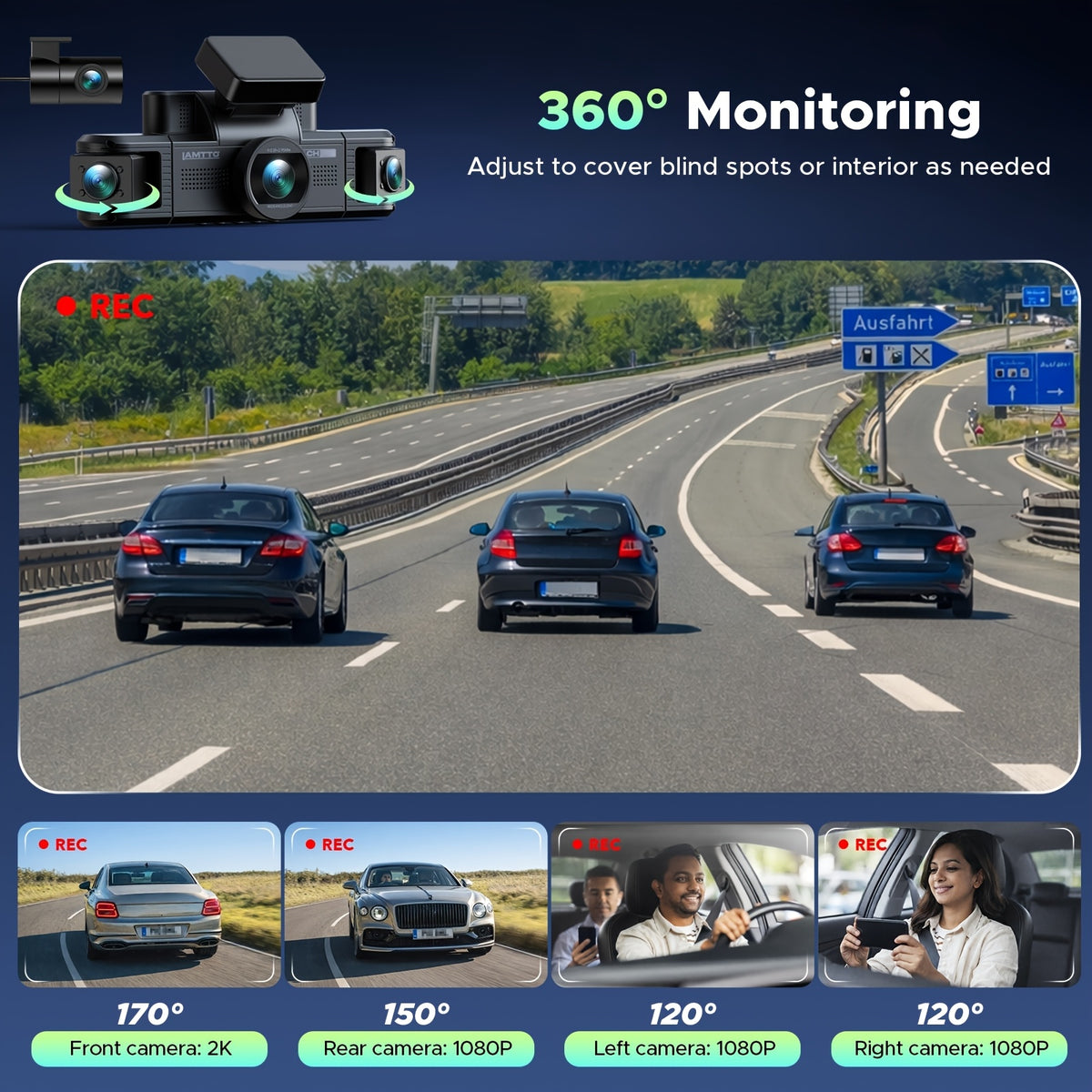 Lamtto 4 Channel Dashcam 360° View Dash Cam Front and Rear Inside 2K+1080P+1080P,+1080P, Dash Camera for Cars, 8 IR Lamps Night Vision, 5G WiFi & APP Control, G-Sensor, Parking Mode, with a Hardwire Kit