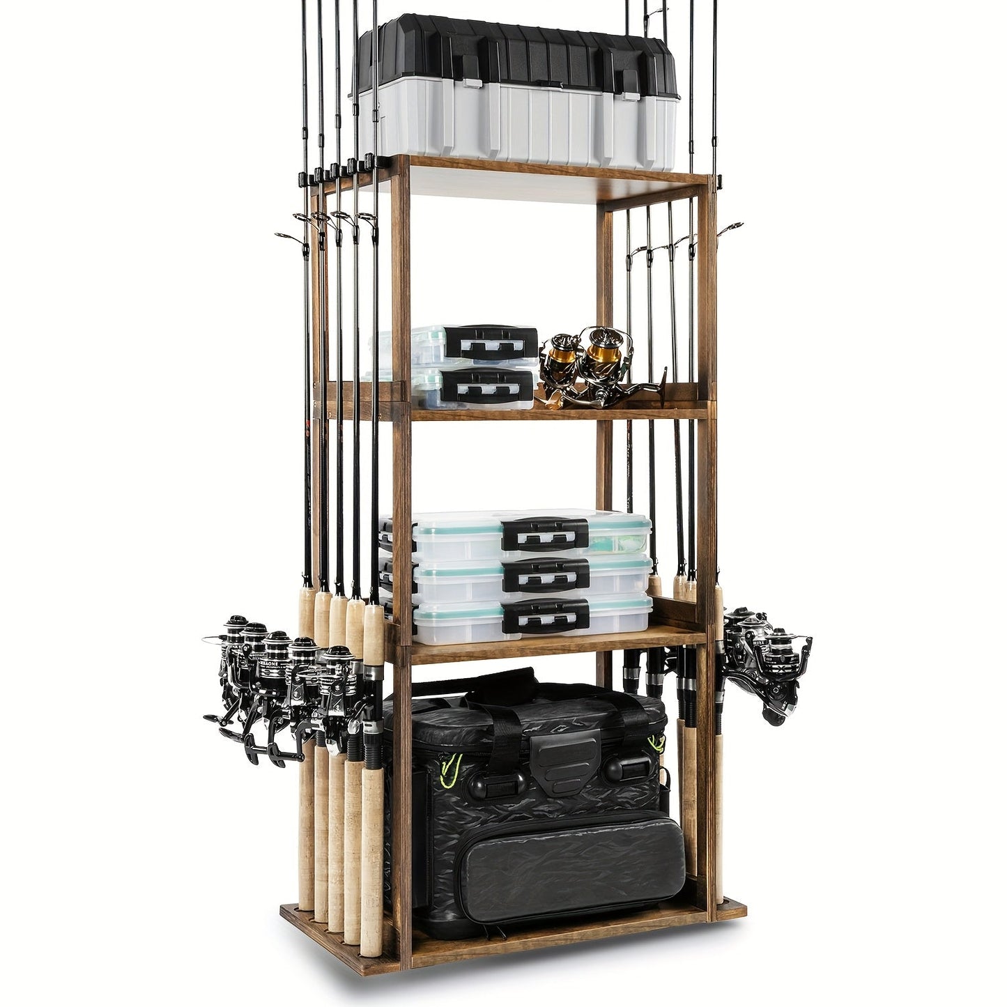 Wood Fishing Rod Holder for Garage Wall Mount – Holds Up to 10 Rods, Pole Rack with Tackle Storage Organizer, Fishing Gear Equipment Rack, Perfect Fishing Gifts for Men Dad