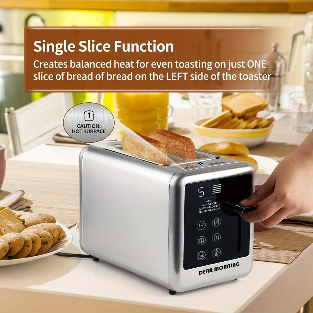 Stainless Steel Toaster 2-Slice Smart Touch Screen – 5 Bread Selections, 7 Shade Settings, Bagel/Defrost/Cancel/Reheat, 1.5" Wide Slot, Removable Crumb Tray