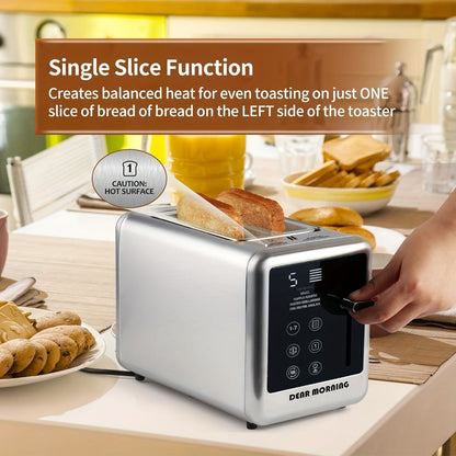 Stainless Steel Toaster 2-Slice Smart Touch Screen – 5 Bread Selections, 7 Shade Settings, Bagel/Defrost/Cancel/Reheat, 1.5" Wide Slot, Removable Crumb Tray