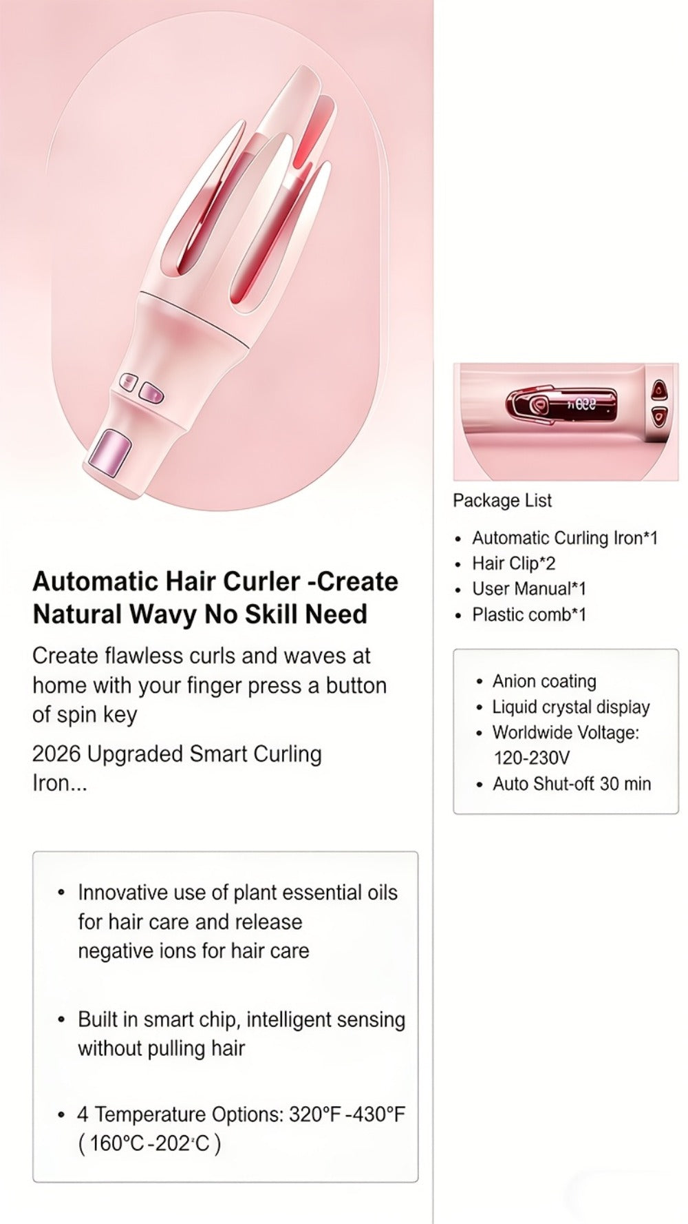 Automatic Rotating Curling Iron 4 Temperature Settings 40M Negative Ion Ceramic Barrel Anti-Tangle Auto Shut-Off Dual Voltage 110-240V Fast Heat 30s Beginner-Friendly Frizz-Free Curls All Hair Types Women
