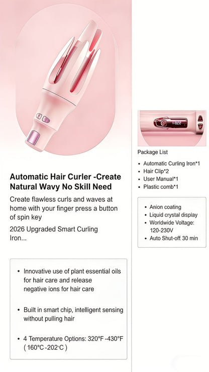 Automatic Rotating Curling Iron 4 Temperature Settings 40M Negative Ion Ceramic Barrel Anti-Tangle Auto Shut-Off Dual Voltage 110-240V Fast Heat 30s Beginner-Friendly Frizz-Free Curls All Hair Types Women