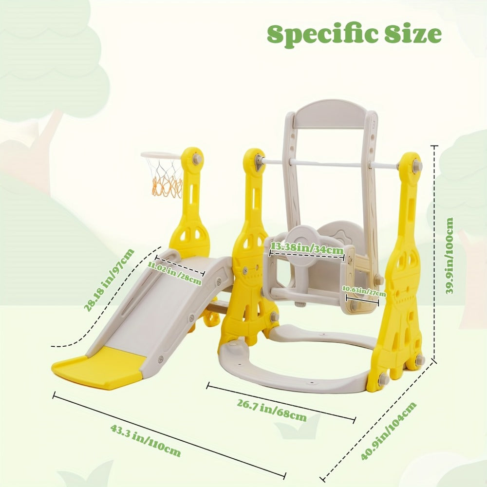 4-in-1 Toddler Slide and Swing Set with Climber Basketball Hoop Outdoor Indoor Backyard Playground Playset for Kids Ages 1-6 Yellow