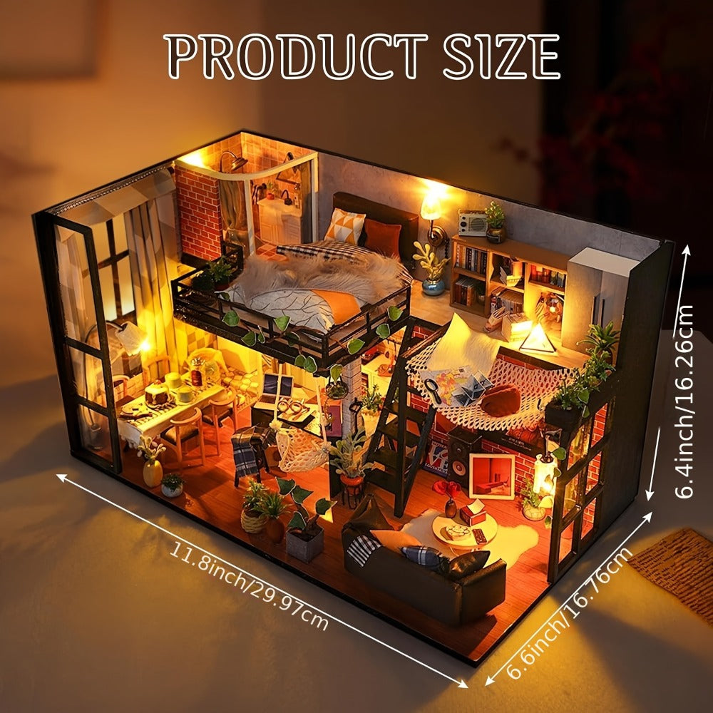 Miniature Apartment Dollhouse Kit with Protective Cover Handmade 3D Puzzle DIY House Furniture Accessories Home Decor Gift for Adults Teens Birthday Christmas Anniversary