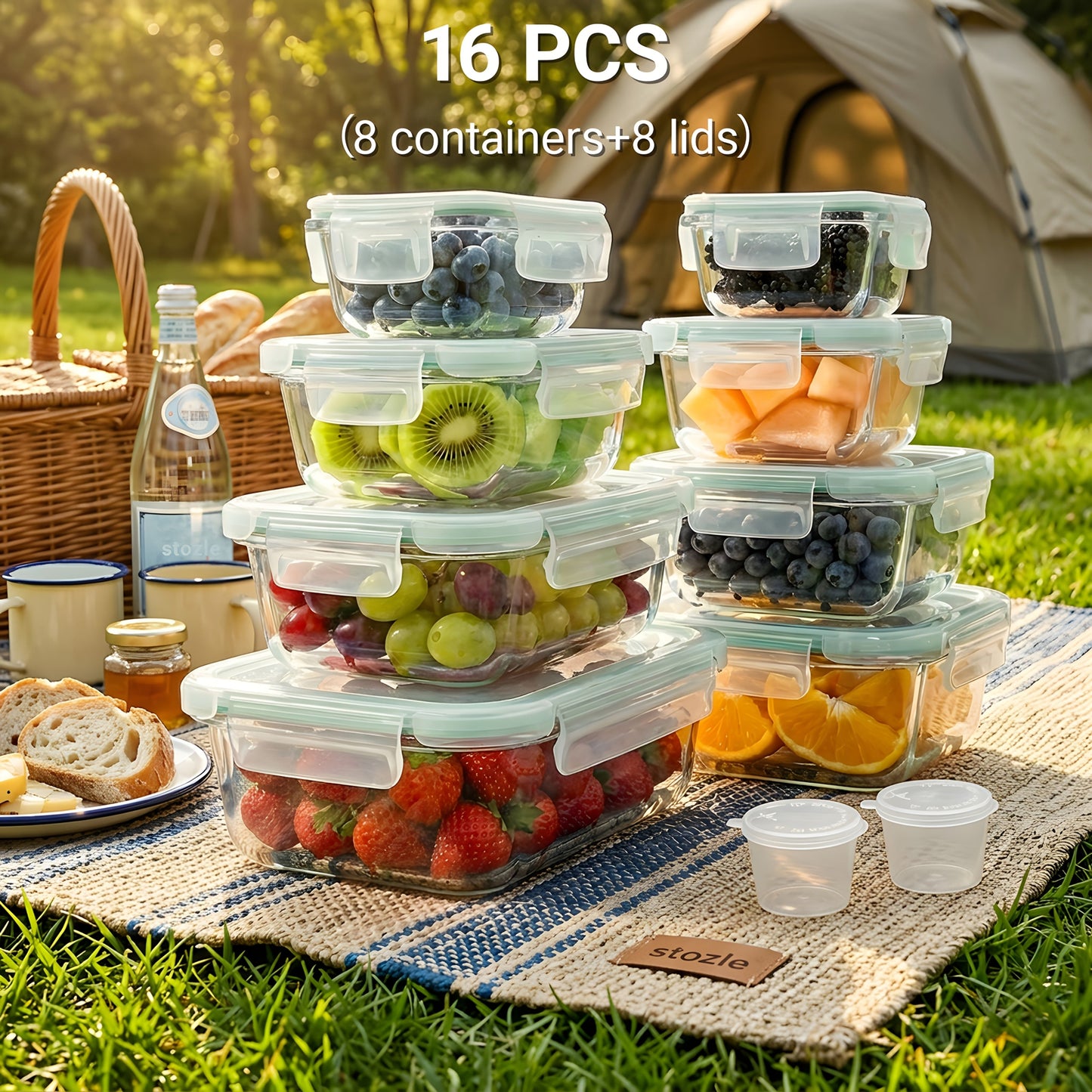 Airtight Glass Food Storage Containers 16-Piece Set with Vented Lids - 8 Lids & 8 Containers, Leak-Proof Sealed Picnic Lunch Box for Salad, Fruit, Vegetables & Sandwiches, Durable Outdoor Food Prep Containers