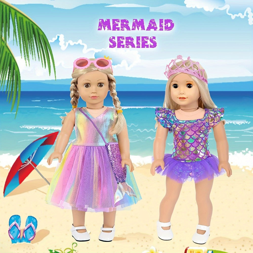 18 Inch Doll Mermaid Accessories Set 20 Pcs – Mermaid Skirt Top Crown Luggage Camera Passport Bank Card Glasses & Tickets, Fits American Girl Dolls Ocean Travel Gift for Girls Ages 3+ No Doll