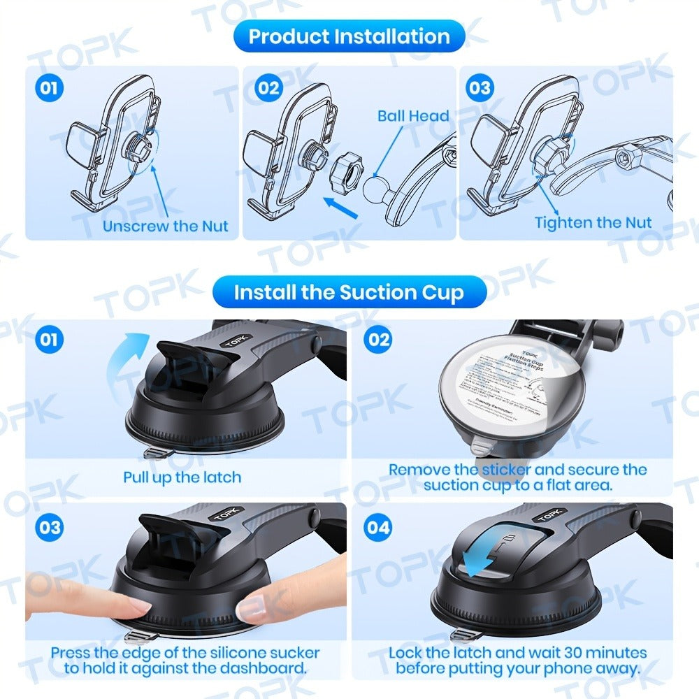 Car Phone Holder Mount for Dashboard, Universal Cell Phone Car Mount Compatible with iPhone 15 14 13 Samsung Galaxy Android Smartphones – Adjustable Dash Mount