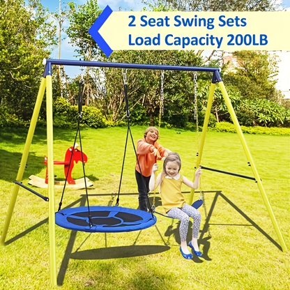Heavy Duty A-Frame Metal Swing Set for Backyard with 2 Swings Slide Glider Seesaw Disc Seat Outdoor Playset for Kids Toddlers Backyard Play Structure