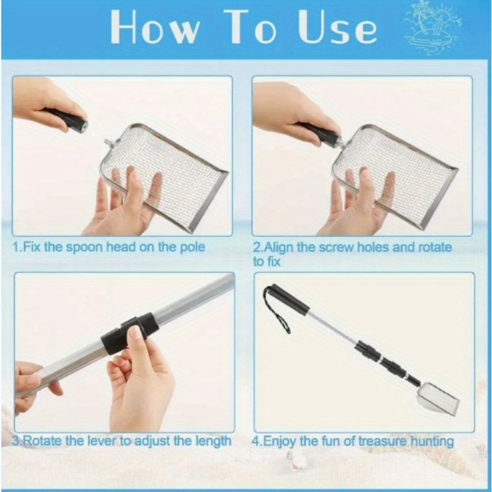 Stainless Steel Beach Sand Sifter with Retractable Telescopic Handle – Portable Sand Sieve for Treasure Hunting, Shell & Conch Collecting | Beach Tool for Kids & Adults, Doubles as Cat Litter Scoop