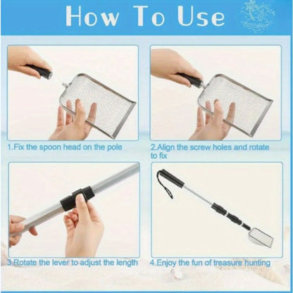 Stainless Steel Beach Sand Sifter with Retractable Telescopic Handle – Portable Sand Sieve for Treasure Hunting, Shell & Conch Collecting | Beach Tool for Kids & Adults, Doubles as Cat Litter Scoop