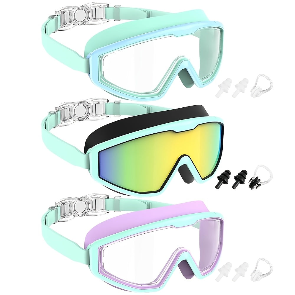Anti-Fog Swimming Goggles 3 Pairs Leak-Proof UV Protection with Nose Clip Earplugs for Adults Kids Pool Open Water Gift Set
