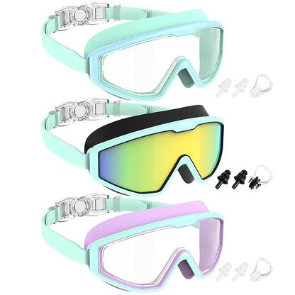 Anti-Fog Swimming Goggles 3 Pairs Leak-Proof UV Protection with Nose Clip Earplugs for Adults Kids Pool Open Water Gift Set