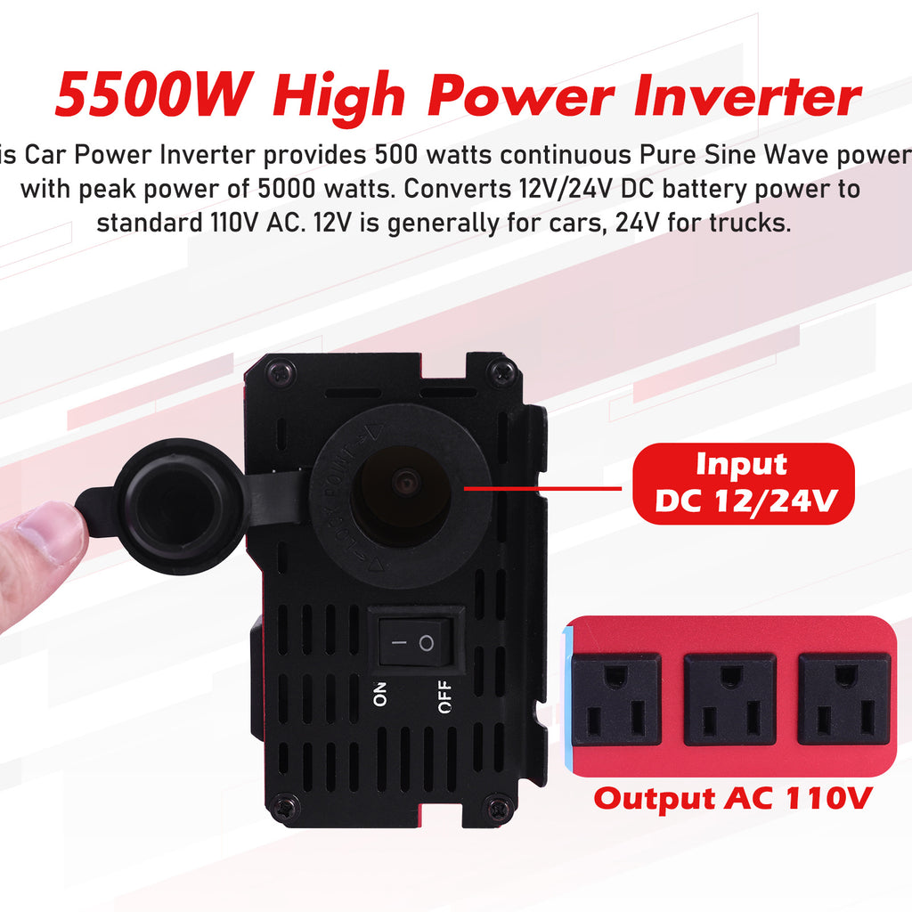 5500W Peak Power Inverter, Car Pure Sine Wave Inverter DC 12V to AC 110V, with LCD Digital Display And 4 USB Ports, 3 US Sockets, Fast Charging for Vehicles Trucks Rvs And Outdoor, Without Battery