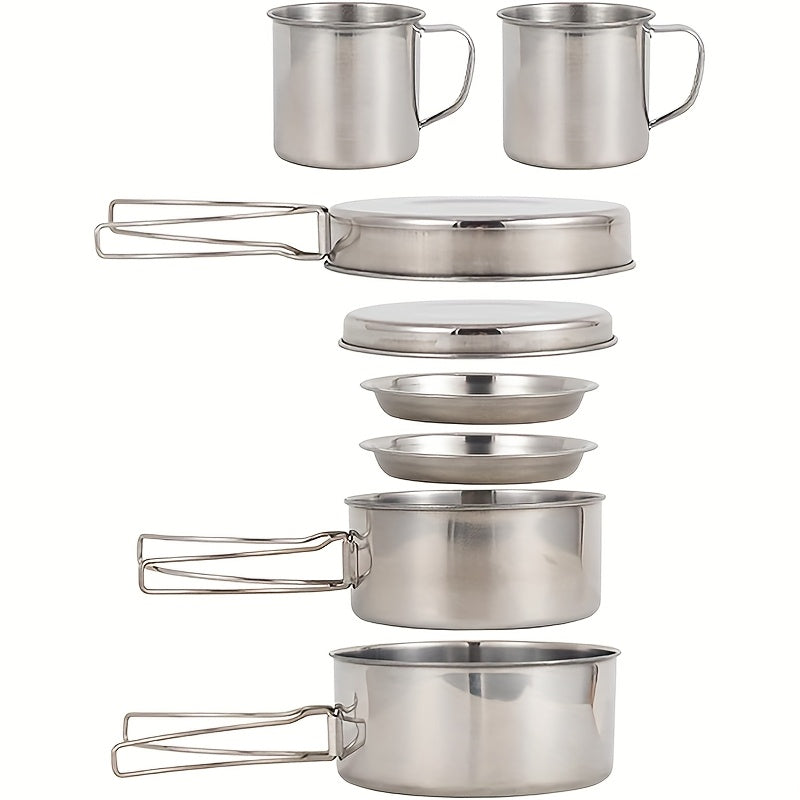 Stainless Steel Camping Cookware Set 8 Piece with Pots Pans Plates Cups and Handles - Lightweight Outdoor Cooking Kit for Camping Hiking Backpacking Open Fire Camp Kitchen Gear