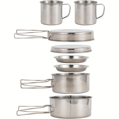 Stainless Steel Camping Cookware Set 8 Piece with Pots Pans Plates Cups and Handles - Lightweight Outdoor Cooking Kit for Camping Hiking Backpacking Open Fire Camp Kitchen Gear
