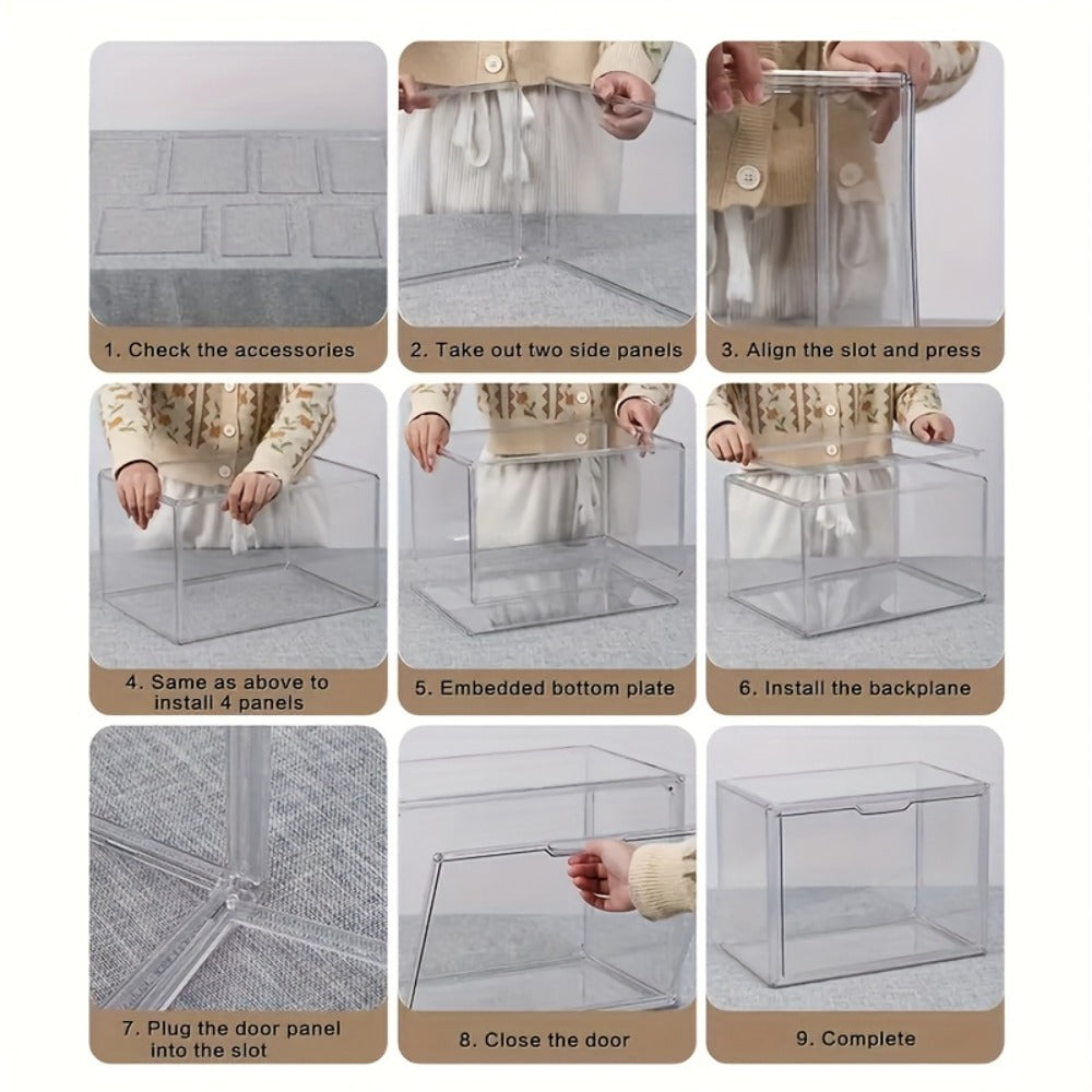 XL Clear Stackable Acrylic Storage Bins with Magnetic Lid – Dustproof Large Display Case for Figures, Collectibles, Helmets, Shoes, Bags, Books, 50L Foldable Organizer 1/2pcs