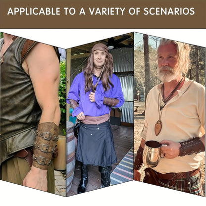 Viking Medieval Leather Arm Guards Bracers – PU Leather Knight Gauntlets Adjustable Metal Buckles Rivets for Men Women Halloween Cosplay LARP Renaissance Fair Stage Costume Dark Brown Khaki Black