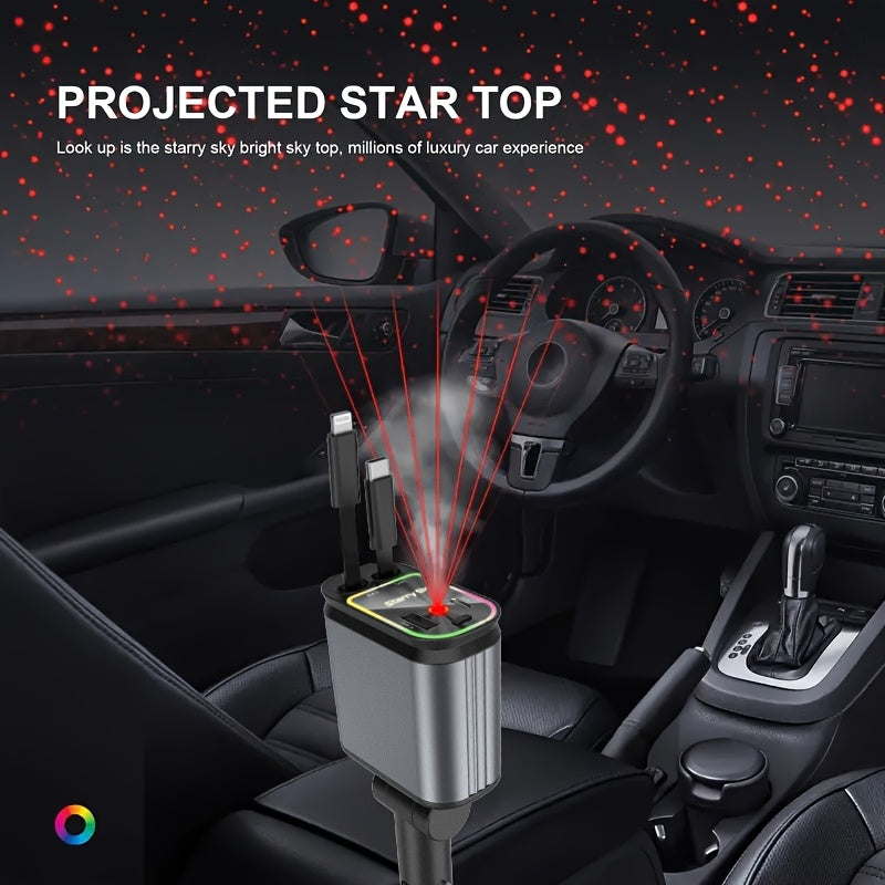 Star Projection Night Light Charger, LED Decorative Romantic Roof Ceiling Light, 4-In-1 Fast Charging USB Car Adapter, 66W with 2.6Ft Retractable Cable, Adjustable Orientation And 2 USB Ports, Perfect for Apple And for Android Phone Holiday Gifts