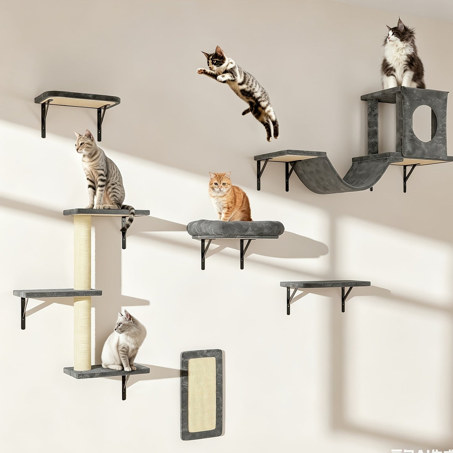 Cat Wall Shelf Climbing Set – 7-Piece Deluxe Wall Mounted Cat Furniture with Condo, Scratching Post, Bridge, Ladder & Tunnel for All Cat Sizes