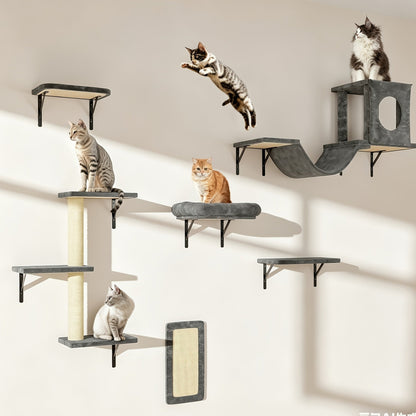 Cat Wall Shelf Climbing Set – 7-Piece Deluxe Wall Mounted Cat Furniture with Condo, Scratching Post, Bridge, Ladder & Tunnel for All Cat Sizes