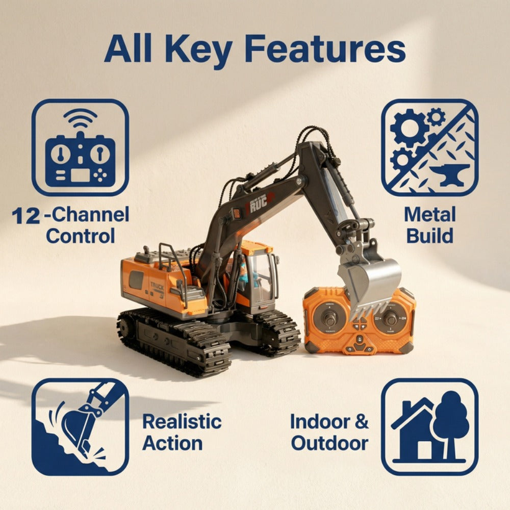 RC Excavator Toy 1:24 Scale 2.4GHz 9-Channel Remote Control with Alloy Metal Cap Lights & Sound Rechargeable Battery – Construction Truck for Boys Ages 6+ Birthday Christmas Gift Multiple Colors