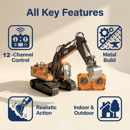 RC Excavator Toy 1:24 Scale 2.4GHz 9-Channel Remote Control with Alloy Metal Cap Lights & Sound Rechargeable Battery – Construction Truck for Boys Ages 6+ Birthday Christmas Gift Multiple Colors