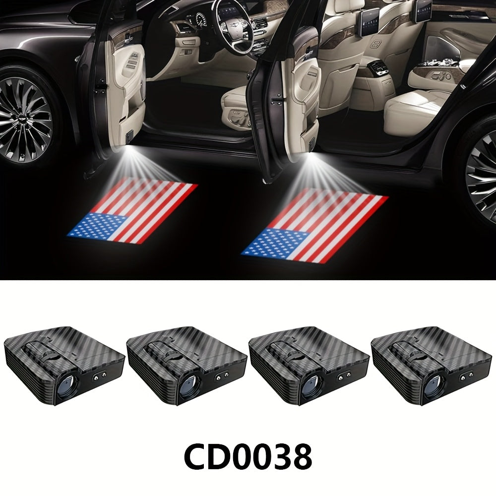 LED Door Projector Lights 4pcs American Flag Logo Wireless Car Door Step Welcome Shadow Light Universal Fit All Car Brands Battery Powered Ground Projection Puddle Lamp