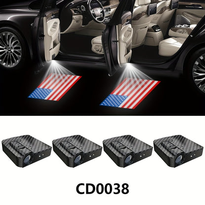 LED Door Projector Lights 4pcs American Flag Logo Wireless Car Door Step Welcome Shadow Light Universal Fit All Car Brands Battery Powered Ground Projection Puddle Lamp