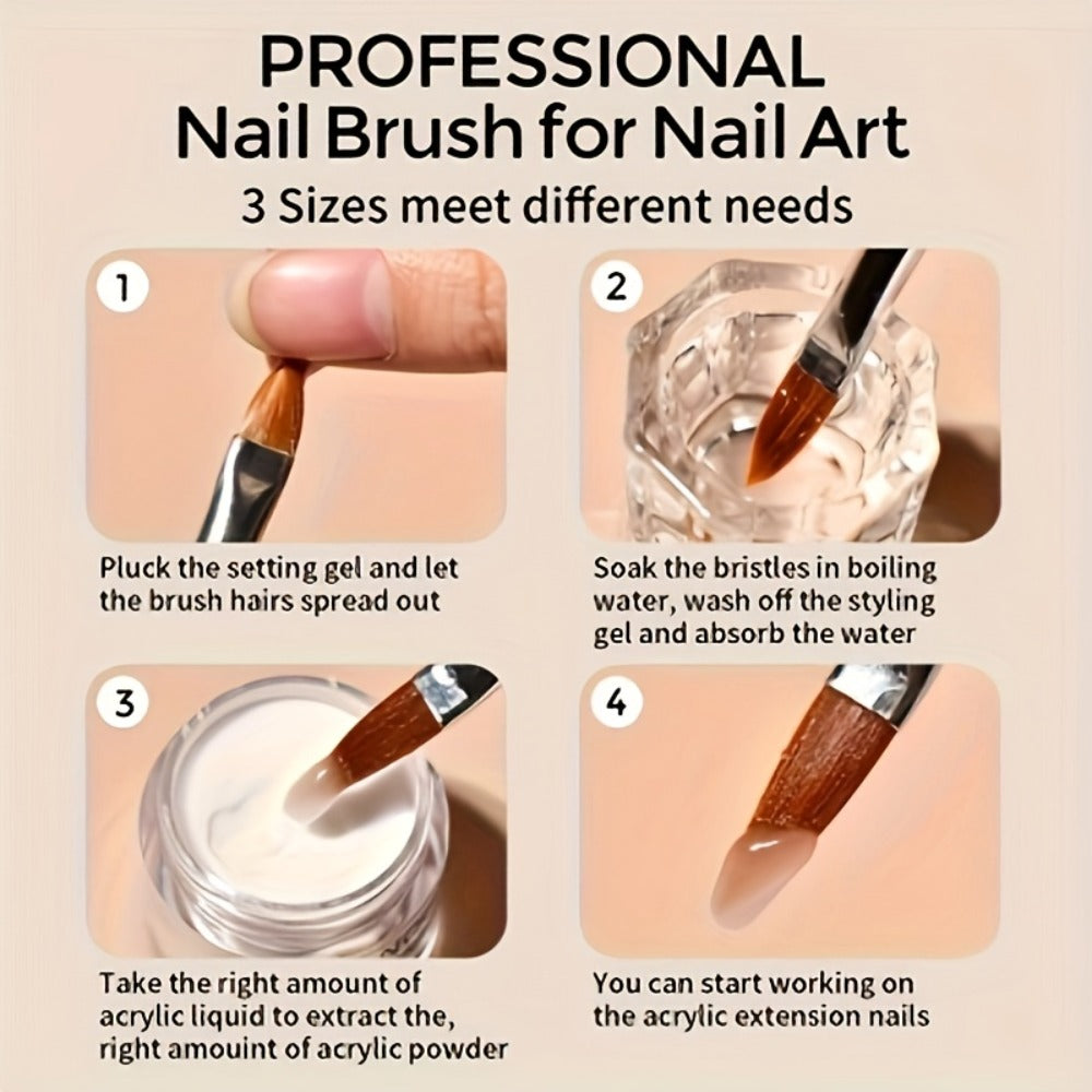 Acrylic Nail Powder Liquid Monomer Kit 3 Colors Clear White Pink Extension Set with Nail Art Brush for Nail Extensions 3D Carving Overlay French Manicure - Beginner Professional Nail Gift Set