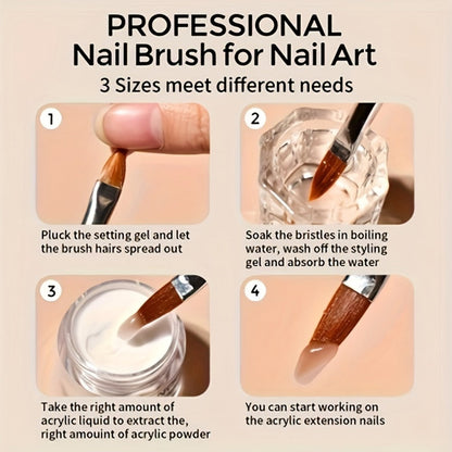 Acrylic Nail Powder Liquid Monomer Kit 3 Colors Clear White Pink Extension Set with Nail Art Brush for Nail Extensions 3D Carving Overlay French Manicure - Beginner Professional Nail Gift Set