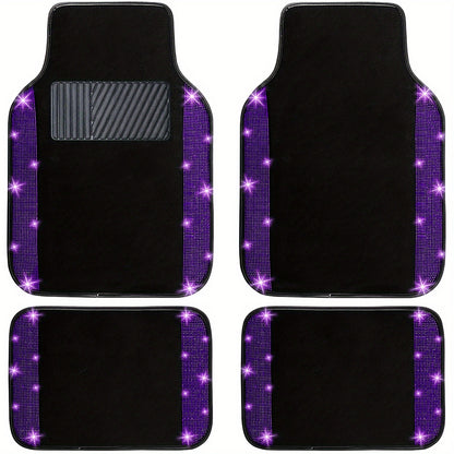 Bling Car Floor Mats Full Set – Rhinestone Sparkle Glitter Diamond Carpet, Universal Fit Cars SUV Trucks, 4pcs Anti-Slip Pad, Cute Car Accessories for Women & Girls