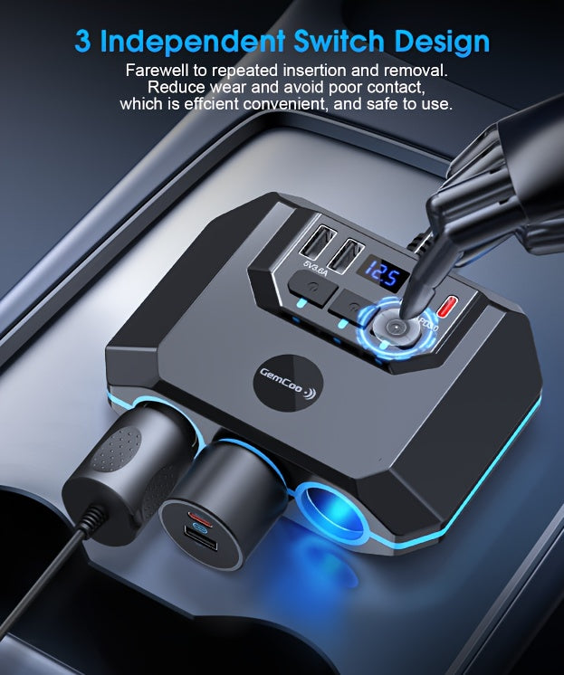 QC3.0 Car Lighter Socket Splitter Upgrade, 120W, Featuring 3 Sockets And 4 USB Ports with Dual PD 36W/QC3.0 Rapid Charging, LED Voltmeter, Individual Switches, 30-Inch Cable, Compatible with 12V-24V Vehicles